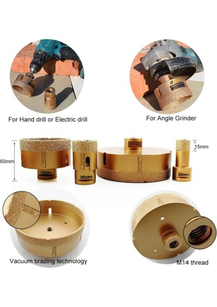 Mermer Granit Panç Fayans Beton Kaya 55MM Sarı Elmas Delme Ucu Avuç Taşlama Uyumlu (M14) Karot Delik modelleri