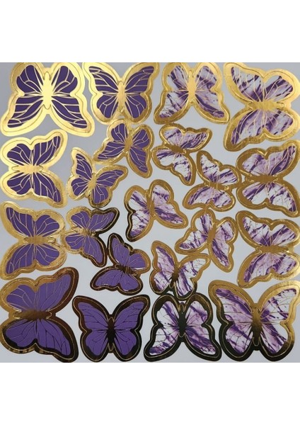 Mor Gold Varaklı Kelebek Pasta Dekor Süs 42 Adet