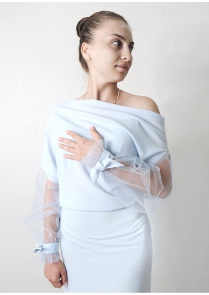 Tül Kollu Asimetrik Yaka Krep Elbise fiyatları