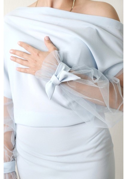 Tül Kollu Asimetrik Yaka Krep Elbise modelleri