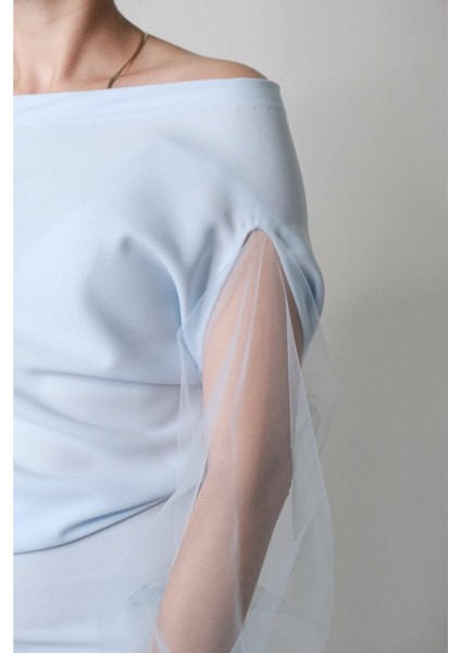 Tül Kollu Asimetrik Yaka Krep Elbise fırsatları