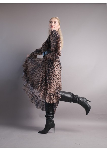 Leopar Desenli Şifon Elbise fiyatları