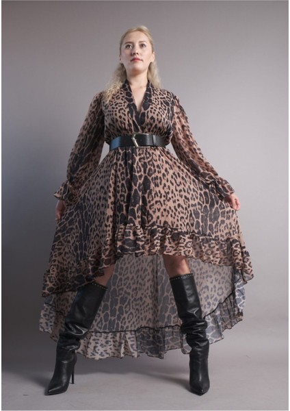 Leopar Desenli Şifon Elbise