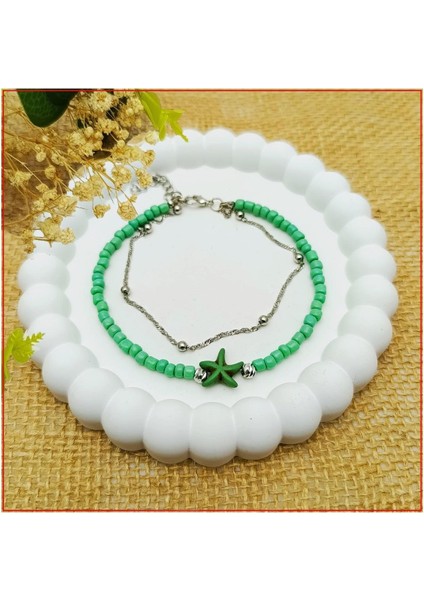 Yeşil Boncuk & Turkuaz Doğal Taş Yıldız Kadın Halhal