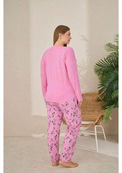 Büyük Beden Viskon Kumaş Uzun Kollu Şeker Pembesi Pijama Takımı -7330 fiyatları