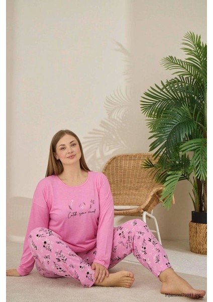 Büyük Beden Viskon Kumaş Uzun Kollu Şeker Pembesi Pijama Takımı -7330 modelleri