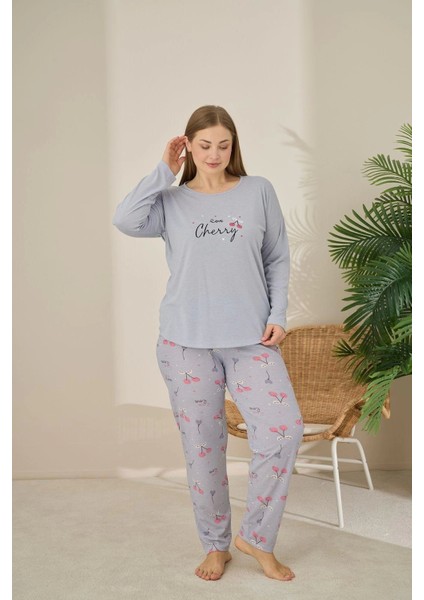 Büyük Beden Viskon Kumaş Uzun Kollu Gri Pijama Takımı -7330