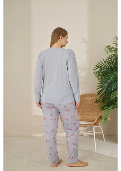 Büyük Beden Viskon Kumaş Uzun Kollu Gri Pijama Takımı -7330