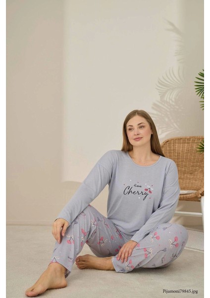 Büyük Beden Viskon Kumaş Uzun Kollu Gri Pijama Takımı -7330