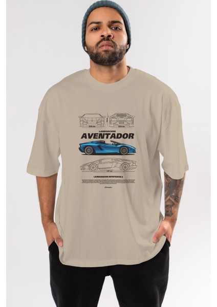 Lamborghini Aventador S Ön Baskılı Oversize T-Shirt Erkek Kadın Unisex Pamuk Bisiklet Yaka Tişort