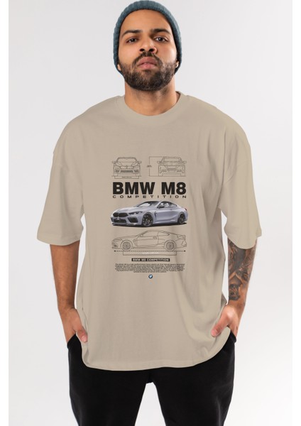 Bmw M8 Ön Baskılı Oversize T-Shirt Erkek Kadın Unisex Pamuk Bisiklet Yaka Tişort