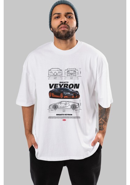 Bugatti Veyron Ön Baskılı Oversize T-Shirt Erkek Kadın Unisex %100 Pamuk Bisiklet Yaka Tişort