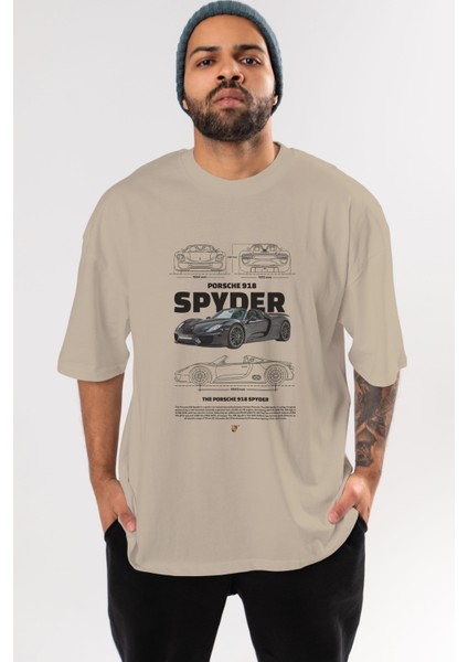 Porsche 918 Spyder Ön Baskılı Oversize T-Shirt Erkek Kadın Unisex Pamuk Bisiklet Yaka Tişort