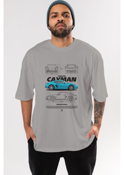Porsche Cayman Blue Ön Baskılı Oversize T-Shirt Erkek Kadın Unisex Pamuk Bisiklet Yaka Tişort