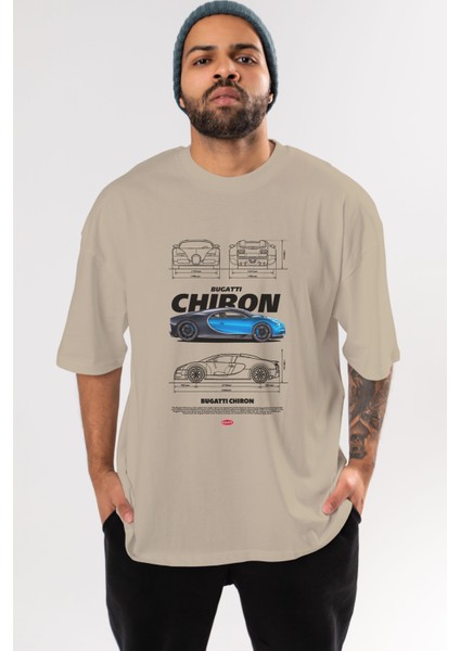 Bugatti Chiron 2 Ön Baskılı Oversize T-Shirt Erkek Kadın Unisex Pamuk Bisiklet Yaka Tişort