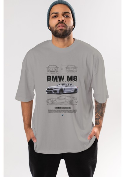 Bmw M8 Ön Baskılı Oversize T-Shirt Erkek Kadın Unisex Pamuk Bisiklet Yaka Tişort