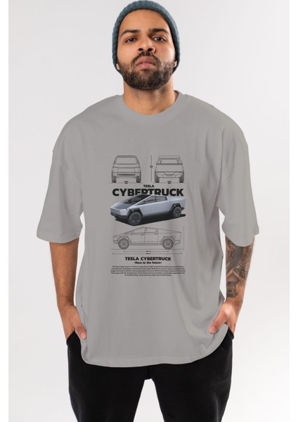 Tesla Cybertruck Ön Baskılı Oversize T-Shirt Erkek Kadın Unisex Pamuk Bisiklet Yaka Tişort
