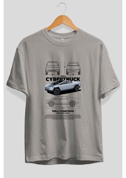 Tesla Cybertruck Ön Baskılı Oversize T-Shirt Erkek Kadın Unisex Pamuk Bisiklet Yaka Tişort