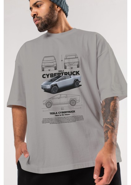 Tesla Cybertruck Ön Baskılı Oversize T-Shirt Erkek Kadın Unisex Pamuk Bisiklet Yaka Tişort