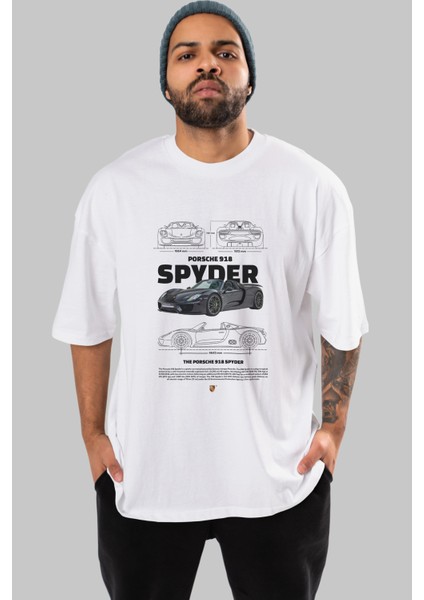 Porsche 918 Spyder Ön Baskılı Oversize T-Shirt Erkek Kadın Unisex %100 Pamuk Bisiklet Yaka Tişort