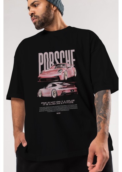 Porsche Pınk Pıg Ön Baskılı Oversize T-Shirt Erkek Kadın Unisex %100 Pamuk Bisiklet Yaka Tişort