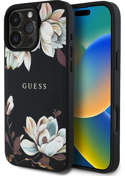 Apple iPhone 16 Pro Max Kılıf Lisanslı Magsafe Özellikli Çiçek Tasarımlı Yazı Logolu Kapak Siyah