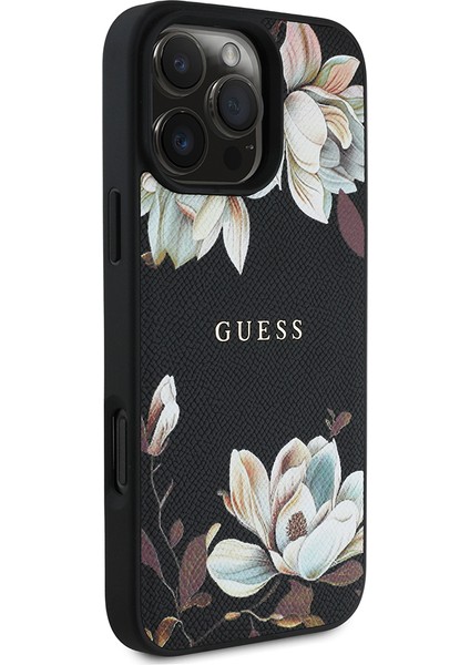 Apple iPhone 16 Pro Max Kılıf Lisanslı Magsafe Özellikli Çiçek Tasarımlı Yazı Logolu Kapak Siyah fiyatları