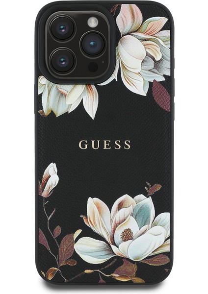 Apple iPhone 16 Pro Max Kılıf Lisanslı Magsafe Özellikli Çiçek Tasarımlı Yazı Logolu Kapak Siyah indirimleri