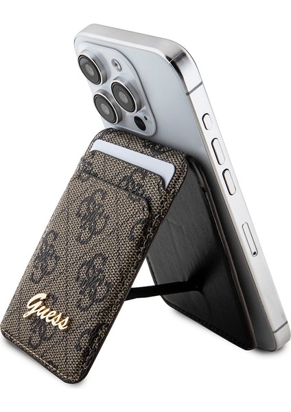 Lisanslı Magnetik Standlı Kartlık 4g Desenli Metal Script Logolu Kahverengi