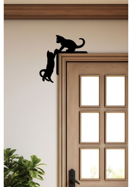 Kedi Kapı Pervaz Kenar Süsü Sol (25X25 Cm) Siyah Ahşap Duvar Dekoru - Ev Süsü