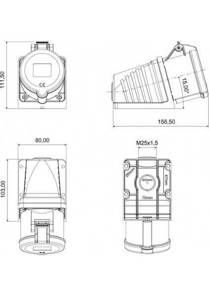 Cee Norm 5X32A 380V IP44 90 Derece Eğik Duvar Priz