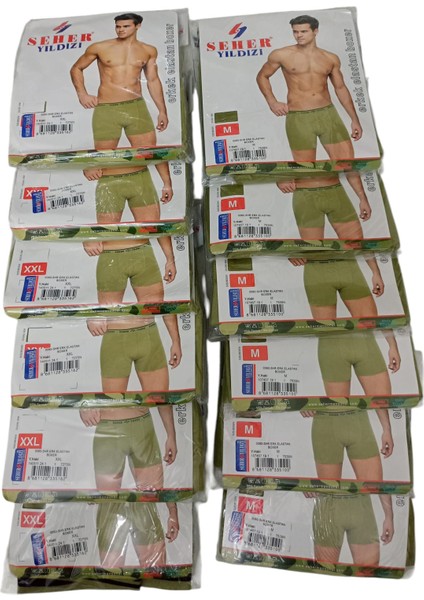 Boxer 12'li Ekonomik Paket Acemi bedelli Asker Penye Boxer Külot Likralı Haki Yeşil KB12-2L
