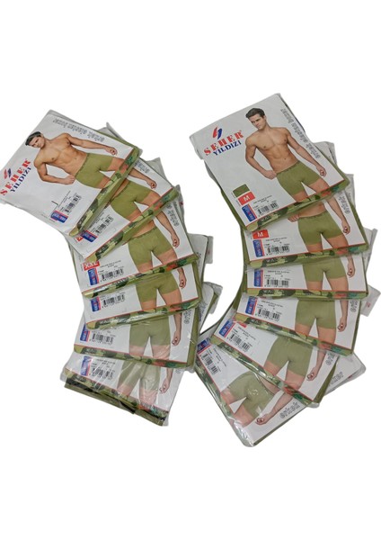Boxer 12'li Ekonomik Paket Acemi bedelli Asker Penye Boxer Külot Likralı Haki Yeşil KB12-2L
