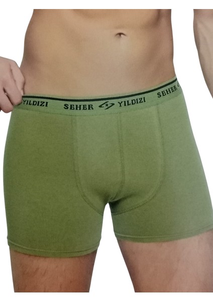 Boxer 6'lı Ekonomik Paket Acemi bedelli Asker Yıldız Penye Boxer Külot Likralı Haki Yeşil KB6-2M