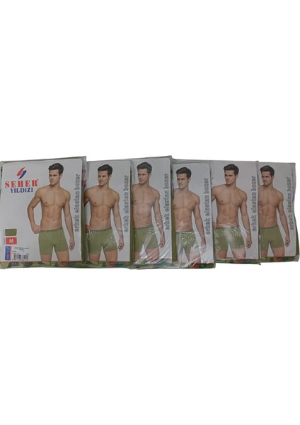 Boxer 6'lı Ekonomik Paket Acemi bedelli Asker Yıldız Penye Boxer Külot Likralı Haki Yeşil KB6-2M