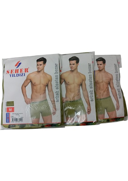 Boxer 3'lü Ekonomik Paket Acemi,bedelli Asker Yıldız Penye Boxer Külot Likralı Haki Yeşil KB3-2M