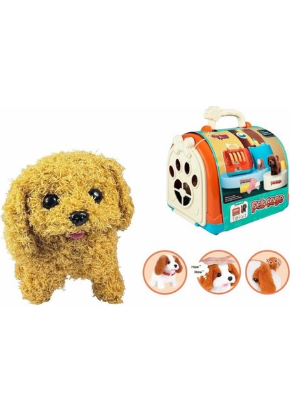 Sesli Yürüyen Taşıma Çantalı Hareketli Pilli Peluş Köpek Aksesuarlı Set Pet Shop Kafesli Taşınabilir