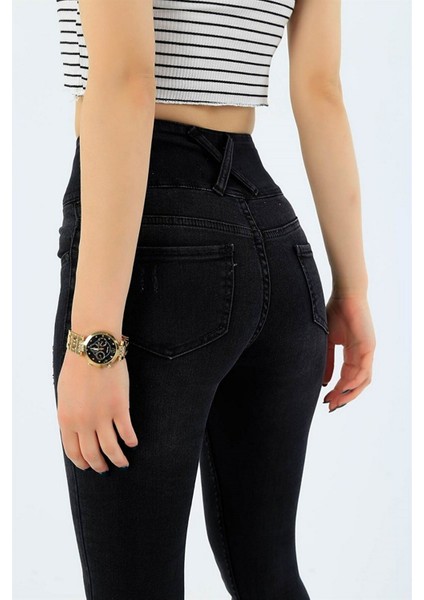 Yüksek Bel Likralı Jean Pantolon