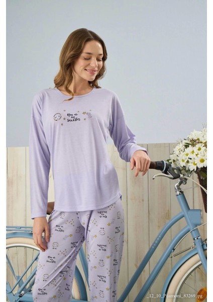 Polyviskon Uzun Kollu Lila Pijama Takımı - 7300
