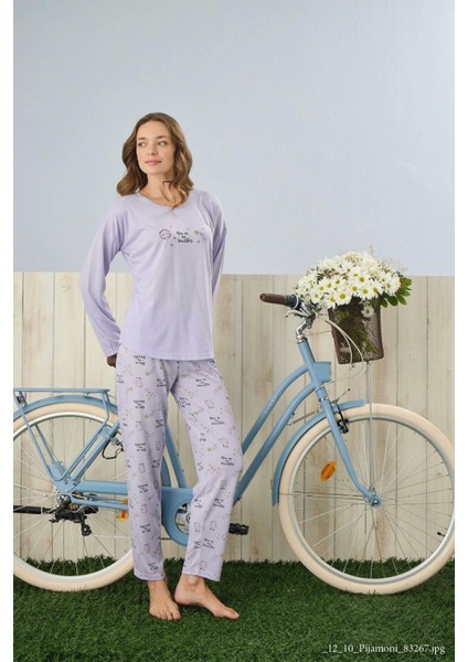 Polyviskon Uzun Kollu Lila Pijama Takımı - 7300