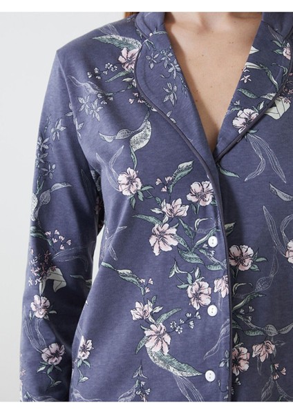 Lcw Dream Antrasit Gömlek Yaka Çiçekli Kadın Pijama Takım modelleri
