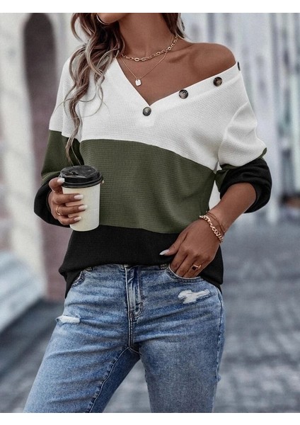 Kadın Uzun Kollu V Yakalı Düğmeli Çok Renkli Waffle Bluz fiyatları