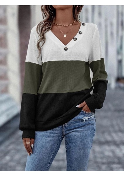 Kadın Uzun Kollu V Yakalı Düğmeli Çok Renkli Waffle Bluz indirimleri
