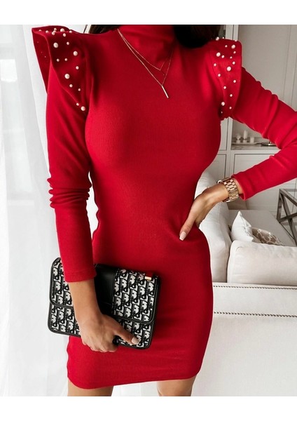 Kadın Kırmızı Uzun Kollu Balıkçı Yaka Omuzlarda Pile Inci Detay Kaşkorse Elbise