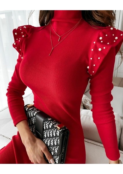 Kadın Kırmızı Uzun Kollu Balıkçı Yaka Omuzlarda Pile Inci Detay Kaşkorse Elbise fiyatları