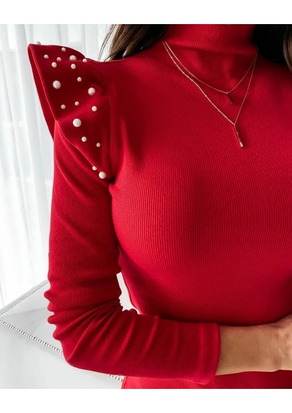 Kadın Kırmızı Uzun Kollu Balıkçı Yaka Omuzlarda Pile Inci Detay Kaşkorse Elbise modelleri