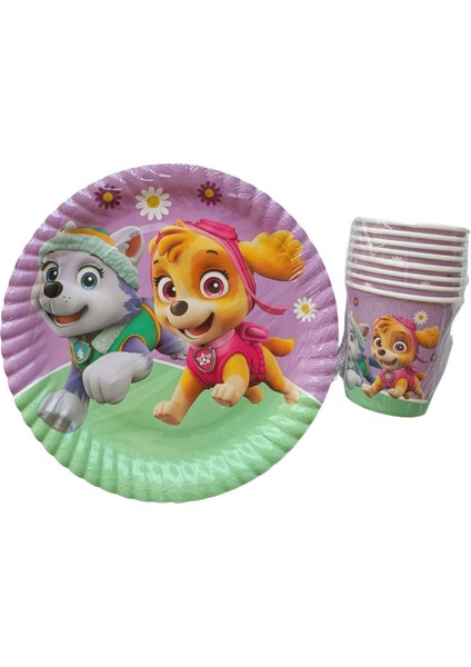 Paw Patrol Lady Temalı Doğum Günü 8 Adet Karton Tabak 8 Adet Karton Bardak Seti