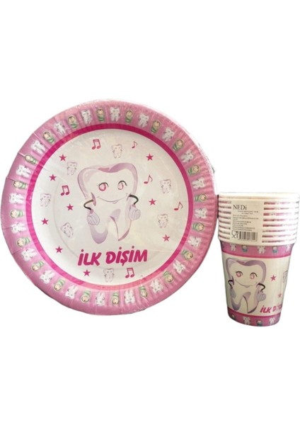 Ilk Diş Özel Kutlama Tabak Bardak Takımı 8'li Set Pembe
