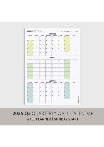 Amerikan Standardı Takvim, Üç Aylık Planlayıcı 2025 Duvar Takvimi, Nisan - Haziran 2025, 90 Günlük Planlama, Yılın Ikinci Çeyreği Takvimi, Yeşil Takvim, Pazar Günü Başlangıçlı Takvim - 70X100CM modelleri