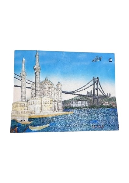 Vintage Ortaköy Cami ve Boğaziçi Köprüsü Görselli 3 Boyutlu El Boyaması Dekoratif Duvar Süsü